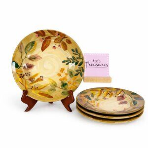 Home Trends SHADOWWOOD Tan Stoneware Leave Flower 9 5/8" Salad Lunch Plate Set 4